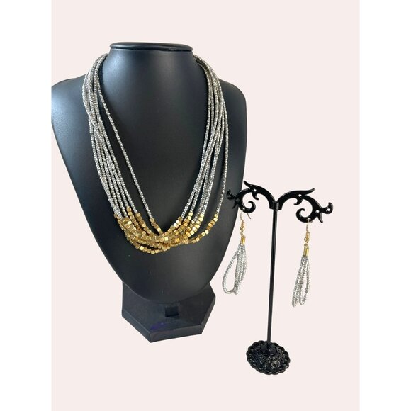 Seed Bead Gold Silver 7 Strand Waterfall Necklace Earring Set 9" Drop - Picture 1 of 6